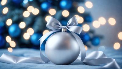 The primary subject of the image is a silver bow-shaped ornament, which is placed on a blue surface. The setting is a Christmas tree, and the visual style is a photo. The ornament is the main focus of the image, and the overall atmosphere is festive and joyful.